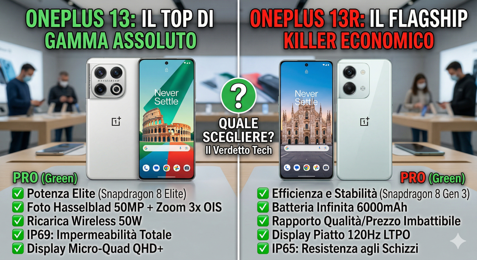 Meglio la potenza di OnePlus 13 o il risparmio di 13R? Scopri le differenze su fotocamera Hasselblad, batteria 6000mAh e chip Snapdragon 8 Elite nel nostro confronto definitivo.