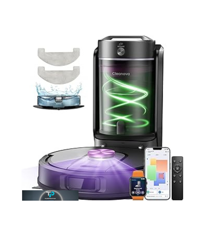 Testo: Robot aspirapolvere Vexilar W15 di colore nero opaco inserito nella sua stazione di ricarica e svuotamento automatico All-in-One su un pavimento in gres porcellanato chiaro all'interno di un salotto moderno.