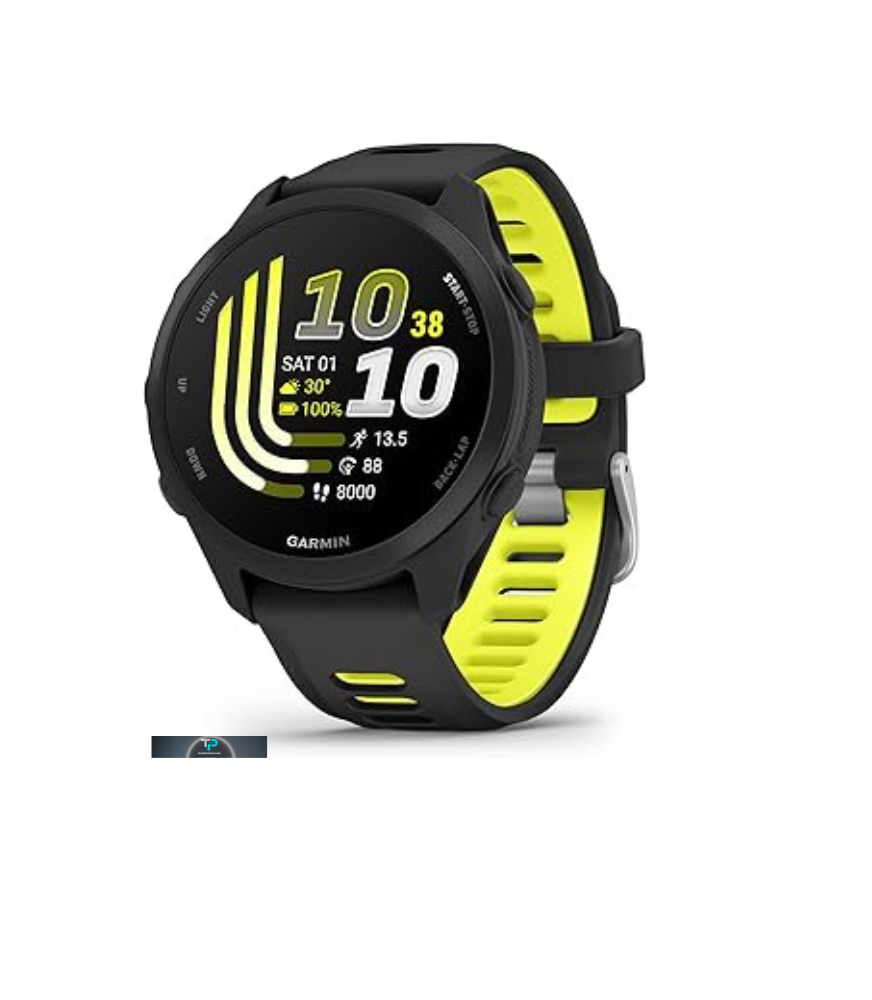 Primo piano del nuovo sportwatch Garmin Forerunner 170 con display AMOLED luminoso che mostra le metriche di corsa sul polso di un runner.