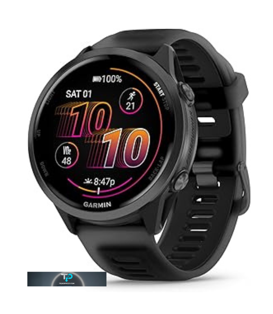 Primo piano del nuovo sportwatch Garmin Forerunner 570 indossato al polso di un runner durante una sessione di corsa all'aperto.